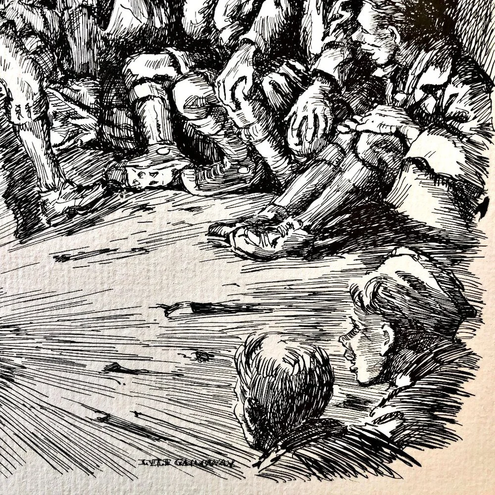 Vintage 1968 Lyle Galloway Pen & Ink Print Boy Scout Good Turn Days